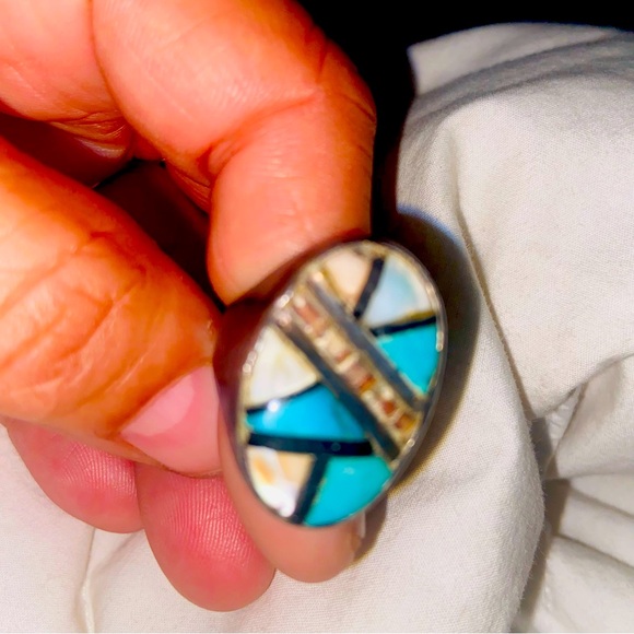 Vintage Native American Inlay Multi Stone Men's Ring Sterling Silver size 9